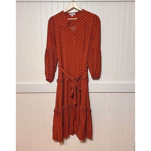 Sweet Salt Button Down Modest Burnt Orange Dress Pockets Geometric 2 Tie Waist - Picture 1 of 6